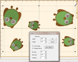 Embrilliance Enthusiast scatter tool arranges and sizes your embroidery design in several positions in the hoop for an interesting effect.