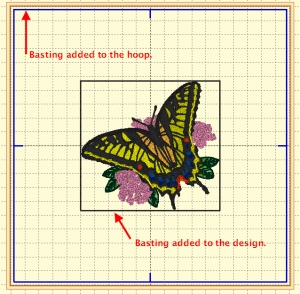 Embrilliance Enthusiast shown adding basting stitches for a butterfly embroidery design following a hoop line and the embroidery design edge.
