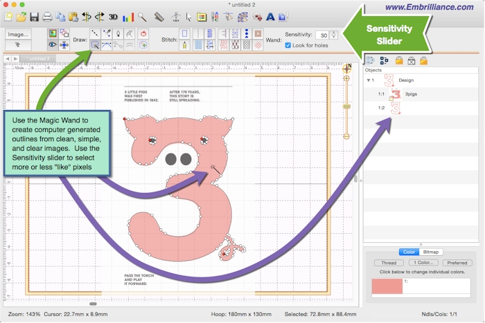 StitchArtist Embroidery Digitizing Software Showing the Magic Wand tool for creating outlines from graphics.