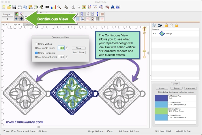 StitchArtist Embroidery Digitizing Software Continuous View example for repeated embroidery designs