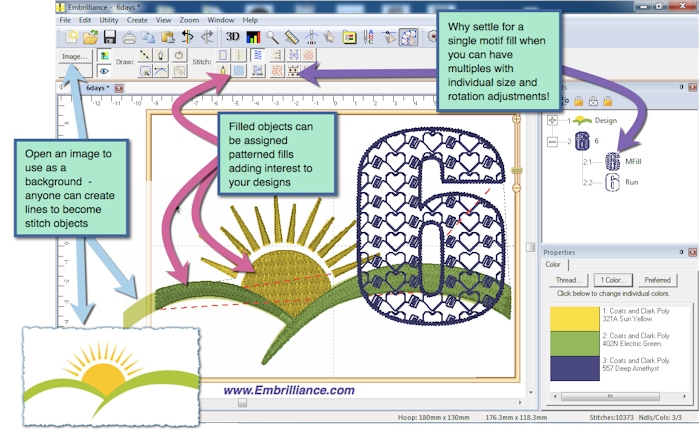 StitchArtist Embroidery Digitizing Software diagram showing motif fill stitch settings, patterned fill stitch use, and background images.
