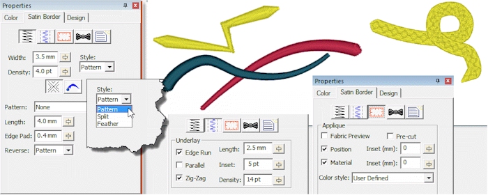 Satin or Steil stitch properties in StitchArtist embroidery digitizing software