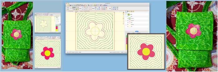 StitchArtist Layout showing how to create embroidery designs for quilting and a quilted bag project.